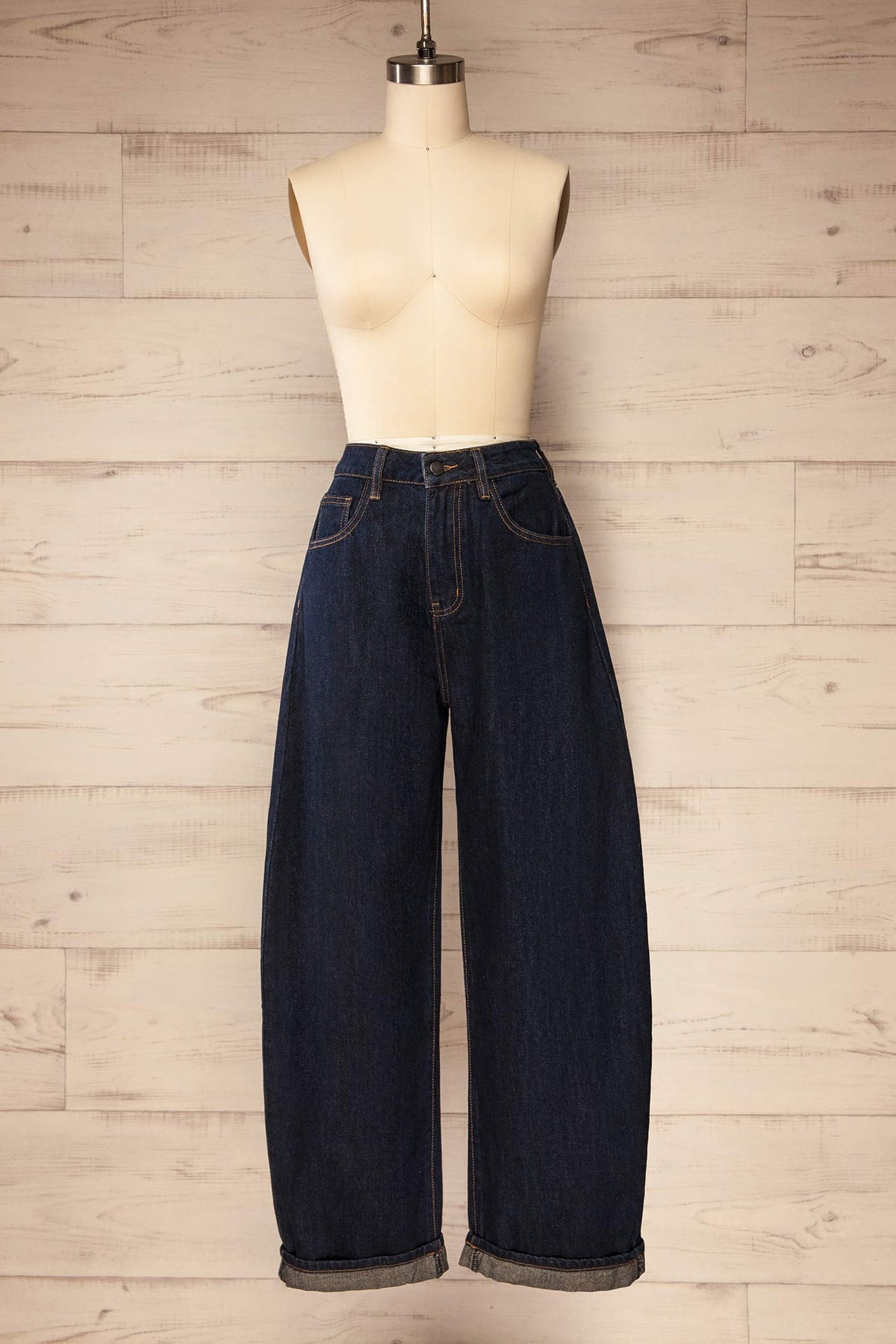front view of Goulburn Navy Dark Wash Barrel Leg Denim Jeans at La petite garçonne