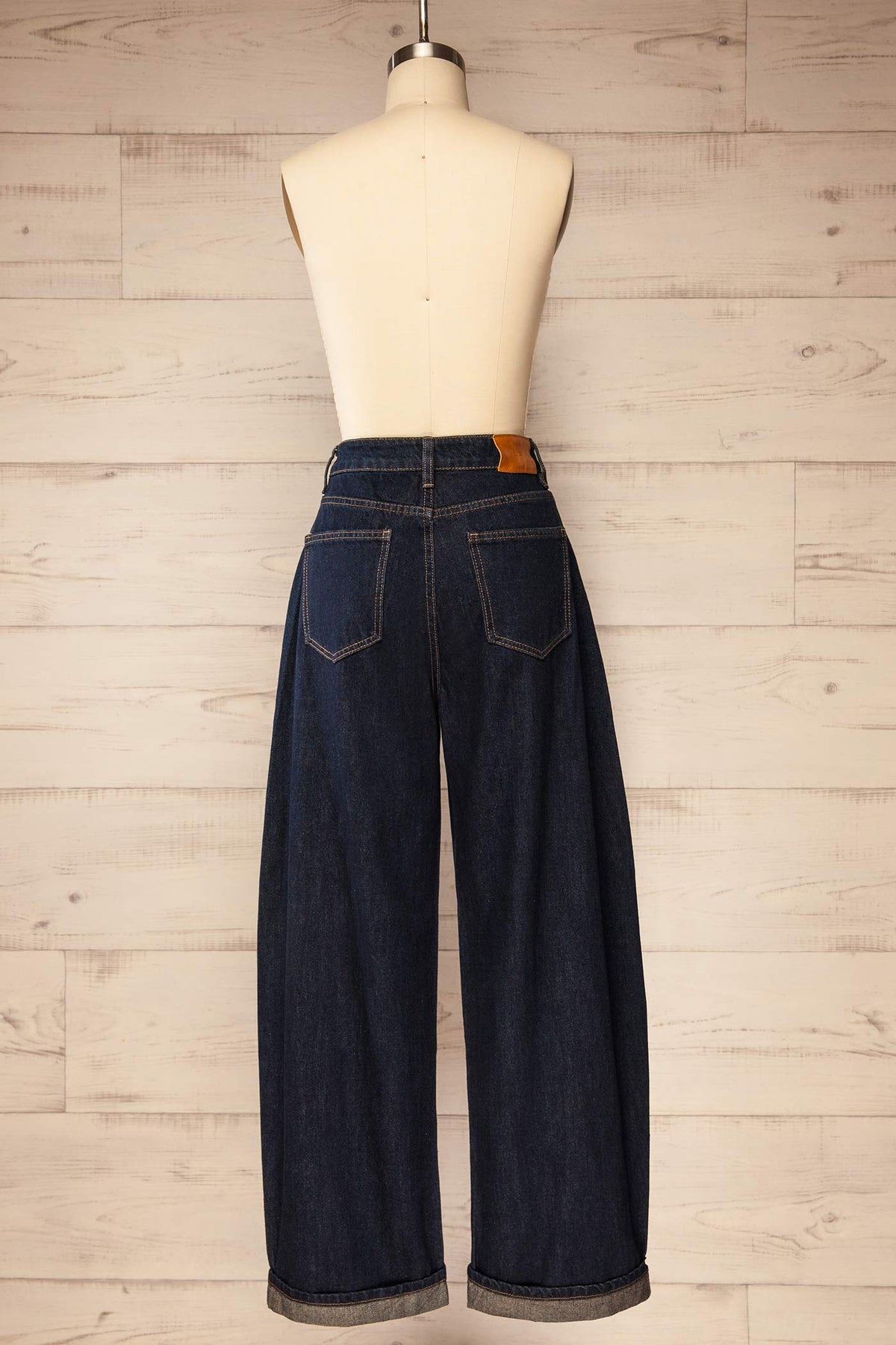 back view of Goulburn Navy Dark Wash Barrel Leg Denim Jeans at La petite garçonne