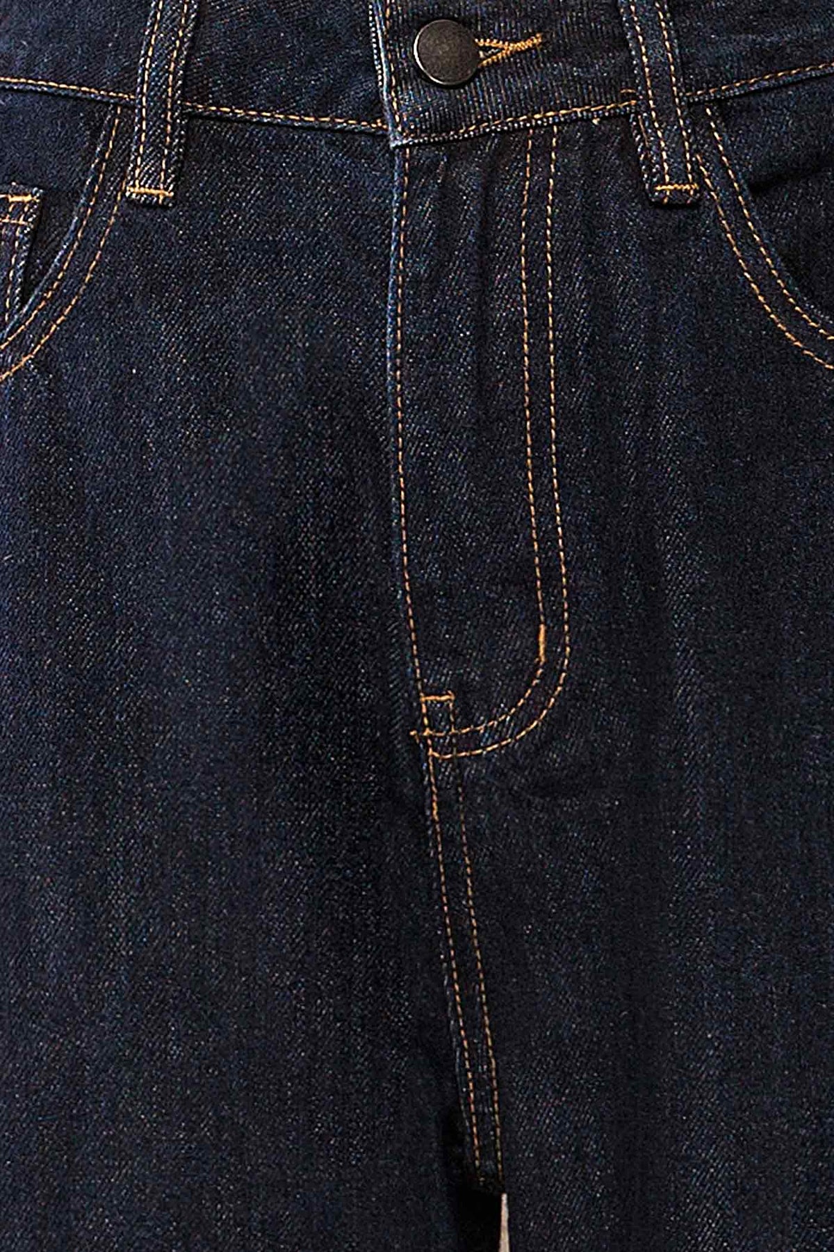 fabric view of Goulburn Navy Dark Wash Barrel Leg Denim Jeans at La petite garçonne