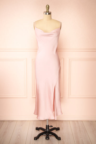 Gracie Satin Pink Cowl Neck Midi Dress | Boutique 1861 front view