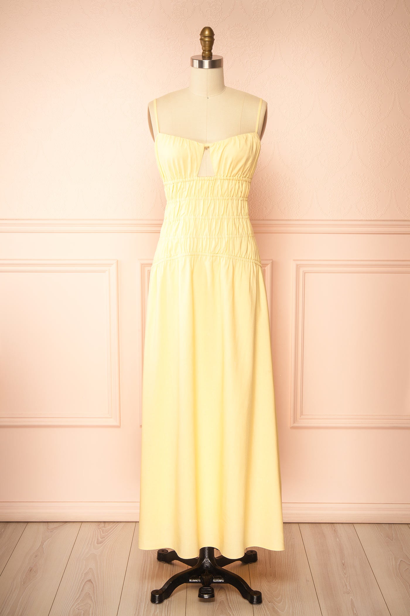 Front-view Grazia Yellow Smocked Waist Maxi Dress with Cutout Detail at la boutique 1861