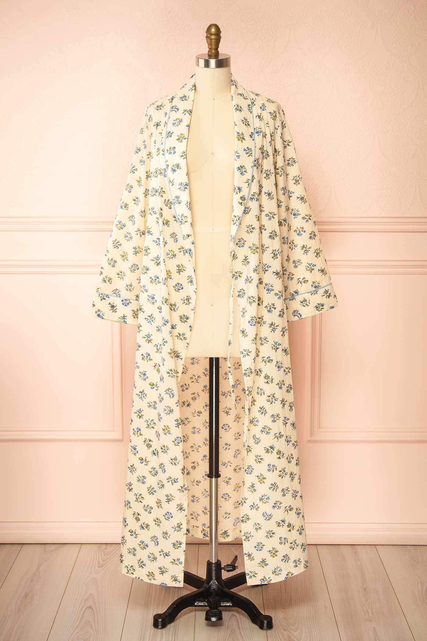 Grietta Ivory Floral Cotton Dressing Gown with Pockets | Boutique 1861 open