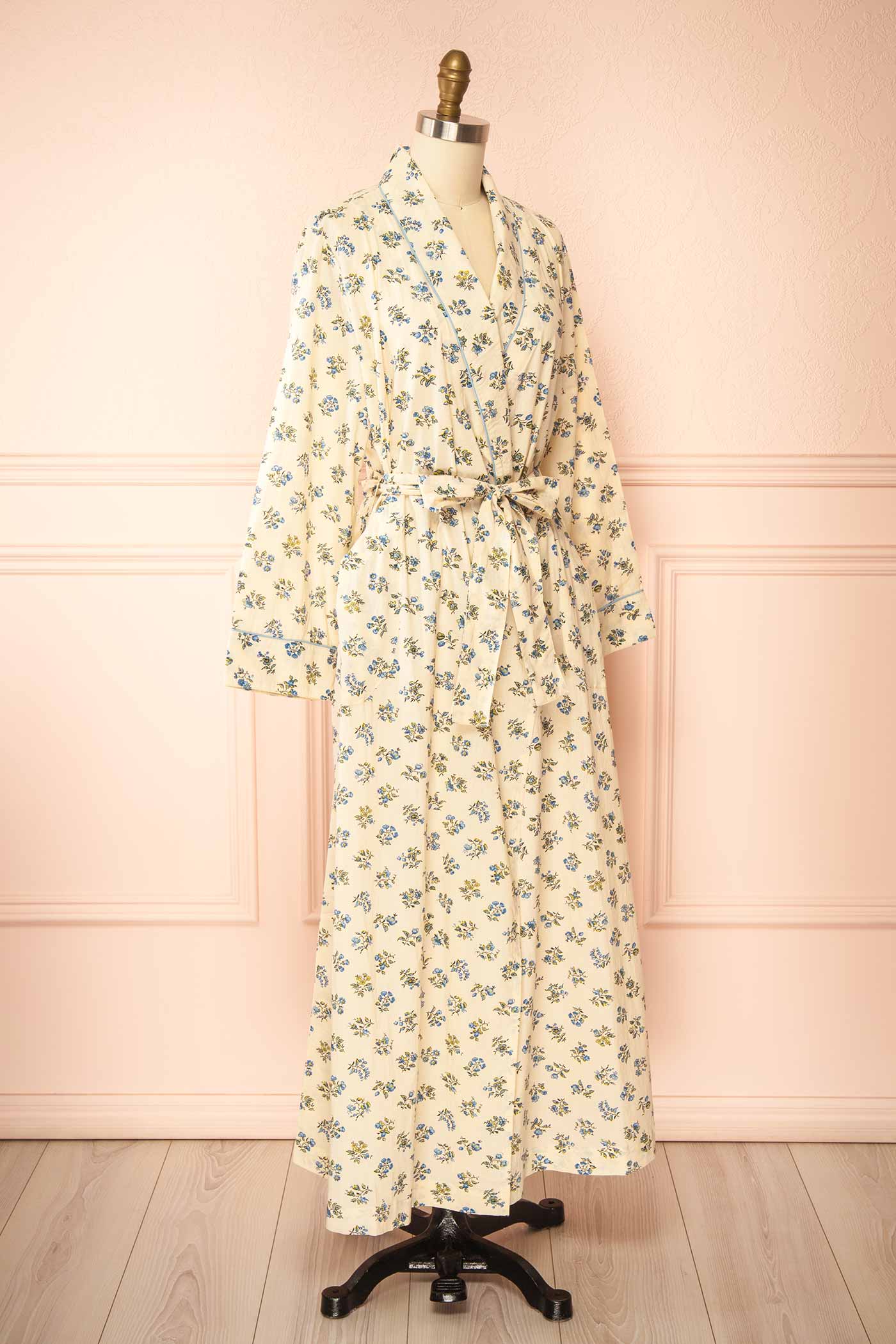 Grietta Ivory Floral Cotton Dressing Gown with Pockets | Boutique 1861 side 