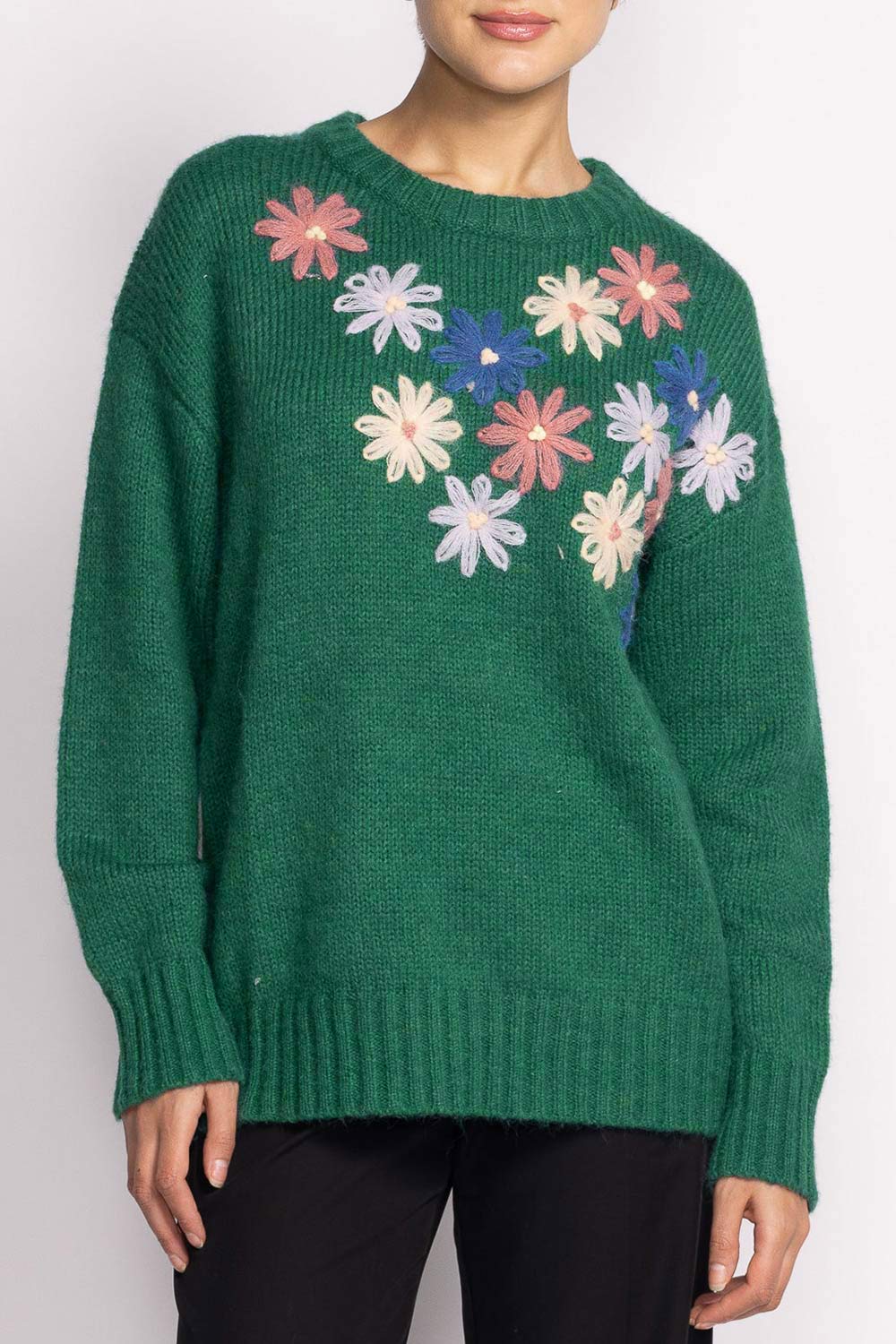 Grozjnat Green Knit Sweater w/ Floral Embroidery | Boutique 1861 model