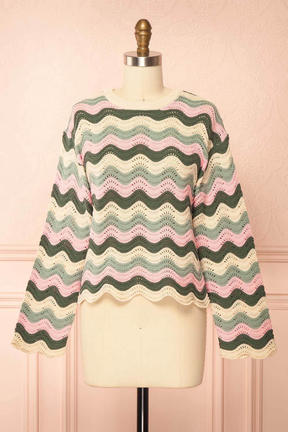 Gwenda Green Crochet Top with Wavy Pattern | Boutique 1861 front view