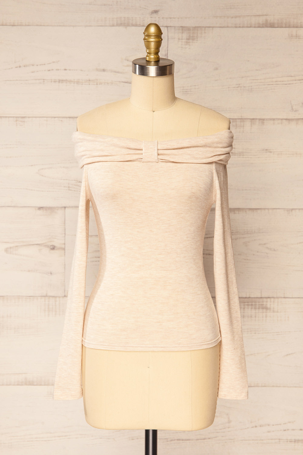 Haeju Beige Off-Shoulder Top w/ Bow | La petite garçonne front view