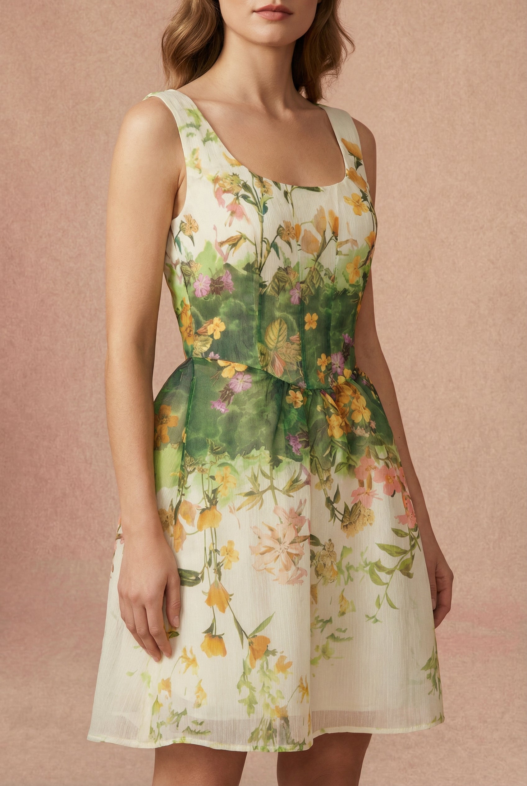 Profile of a woman wearing Hailsey Short Floral Dress with Scoop Neckline from Boutique 1861 