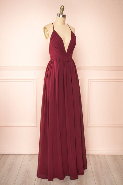 Haley Burgundy Low-Cut Chiffon Gown | Boutique 1861 side view