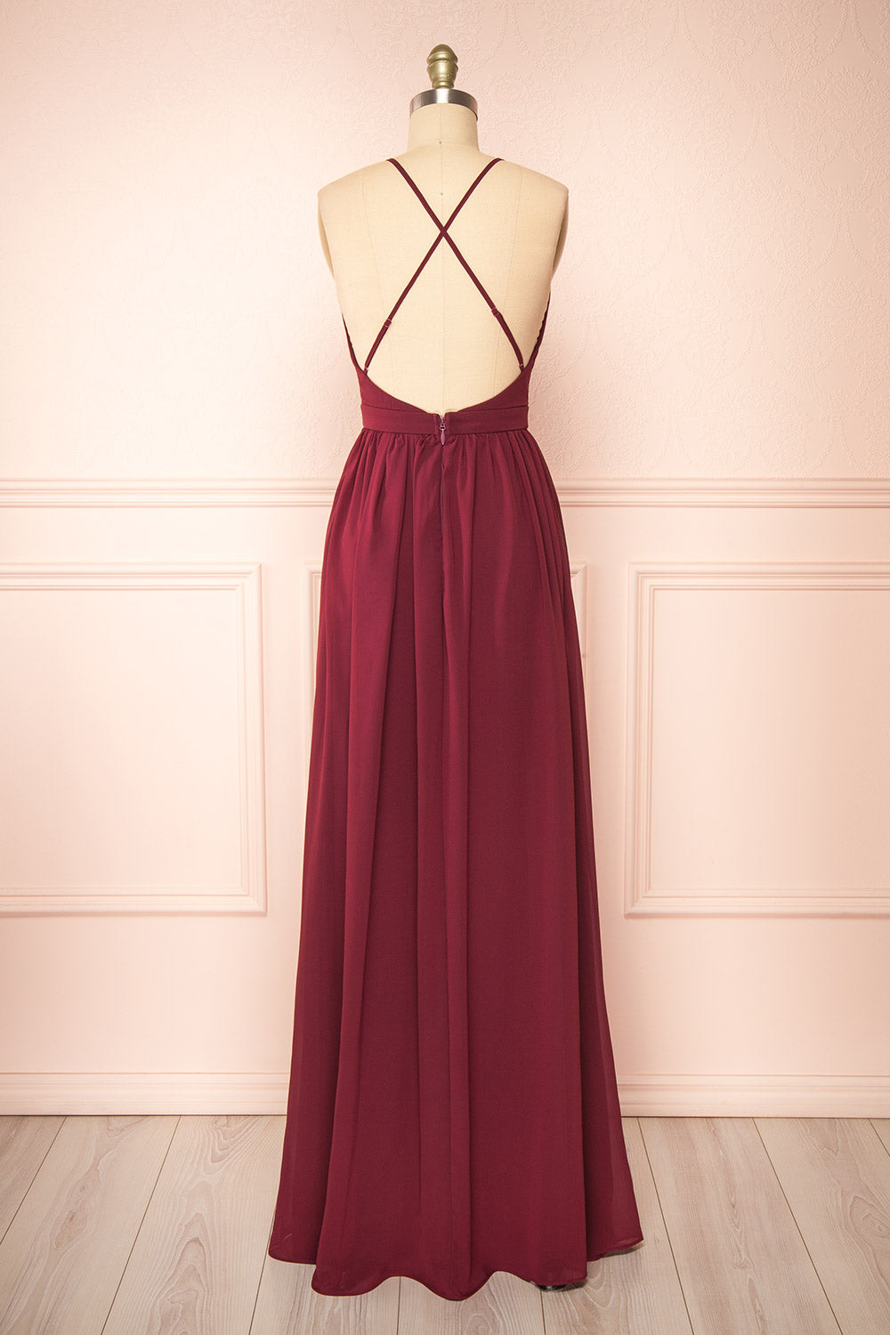 Haley Burgundy Deep V Neck Chiffon Maxi Dress