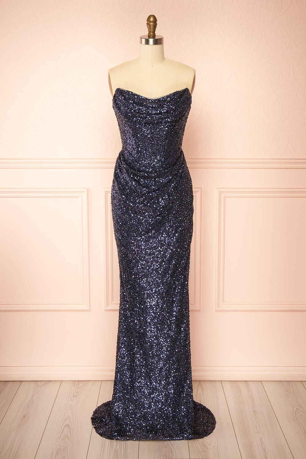 Hanna Navy Strapless Sequin Maxi Dress with Lace-Up Back | Boutique 1861 front