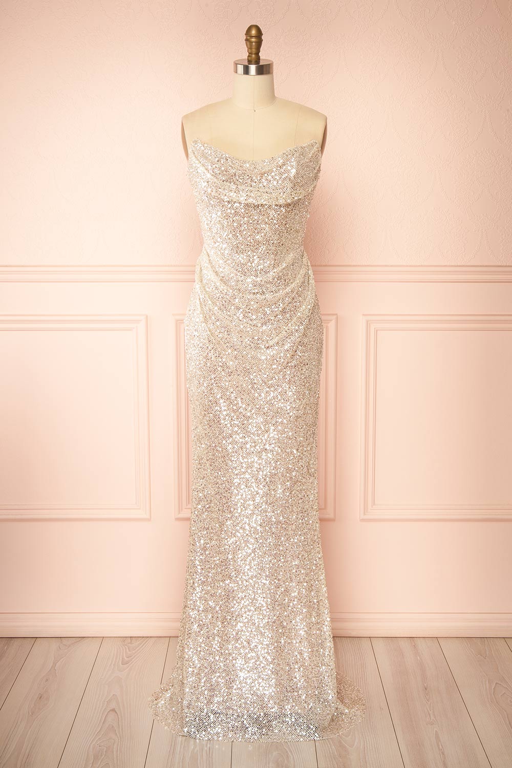 Hanna Silver Strapless Sequin Maxi Dress with Lace-Up Back | Boutique 1861