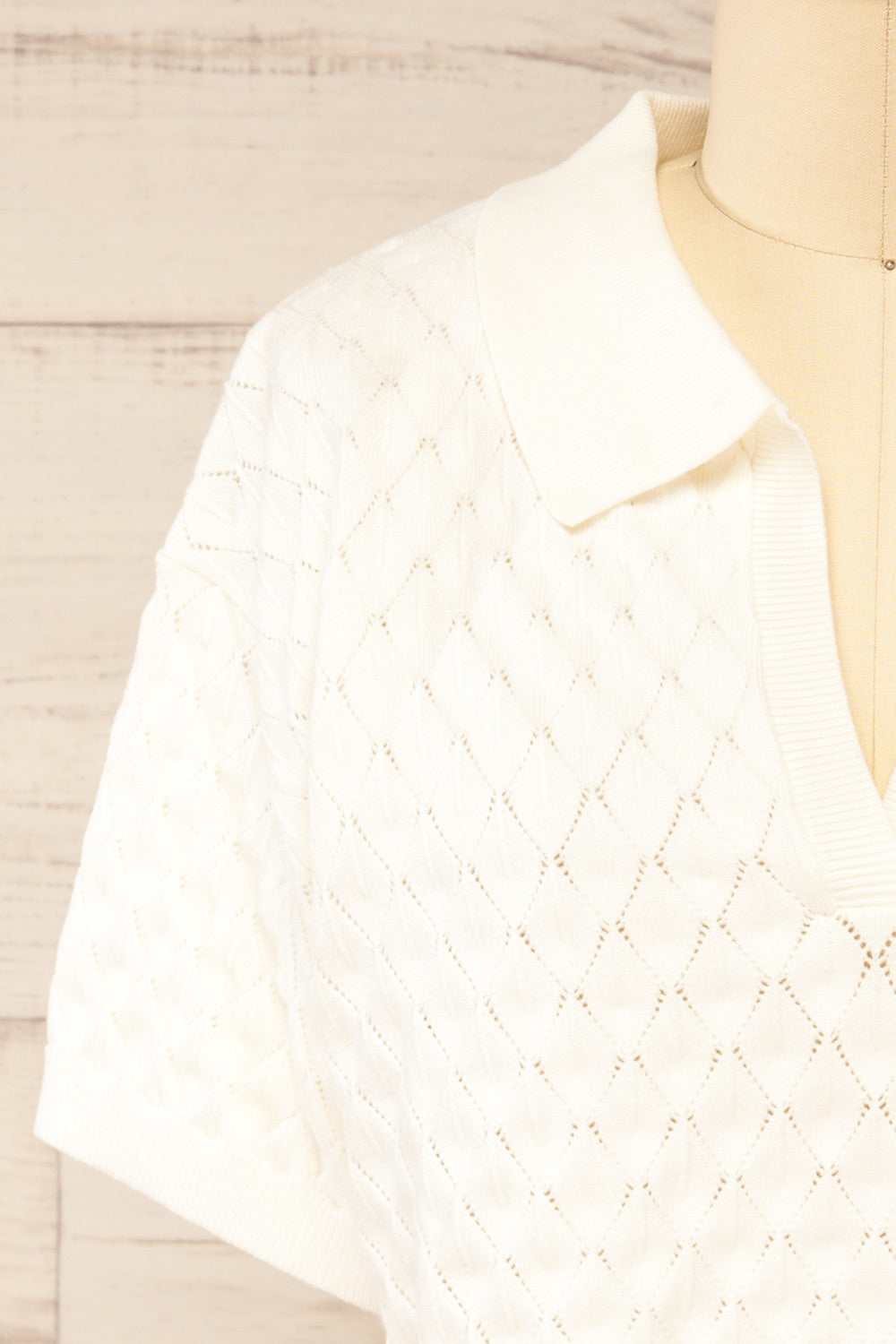 Hansel Cropped Ivory Polo Top w/ Diamond Pattern | La petite garçonne front close-up