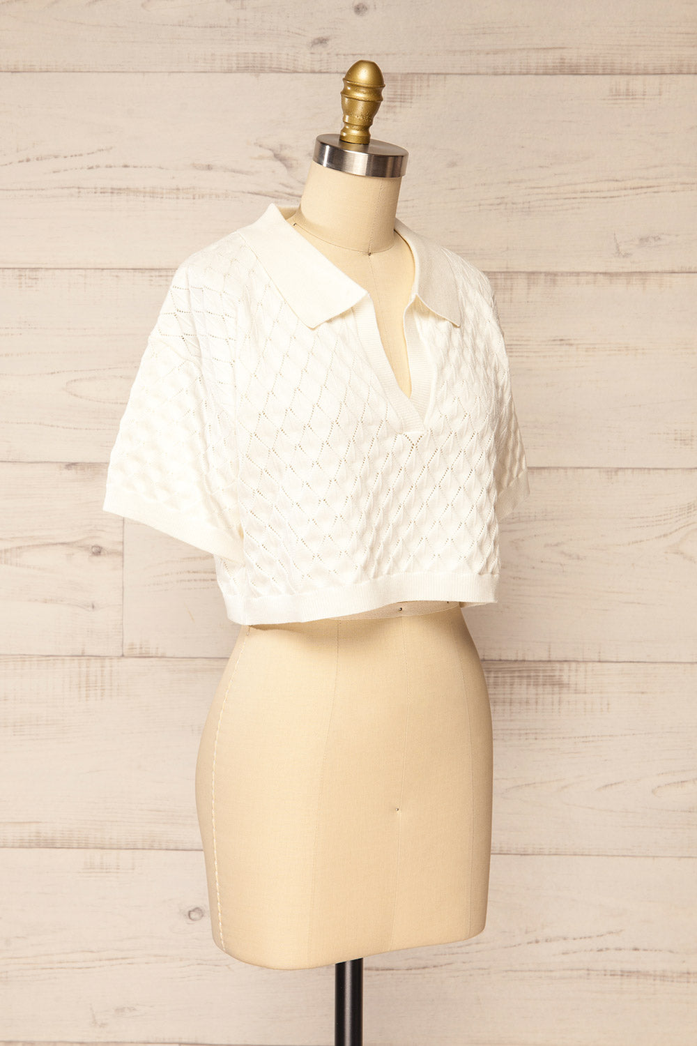 Hansel Cropped Ivory Polo Top w/ Diamond Pattern | La petite garçonne side view