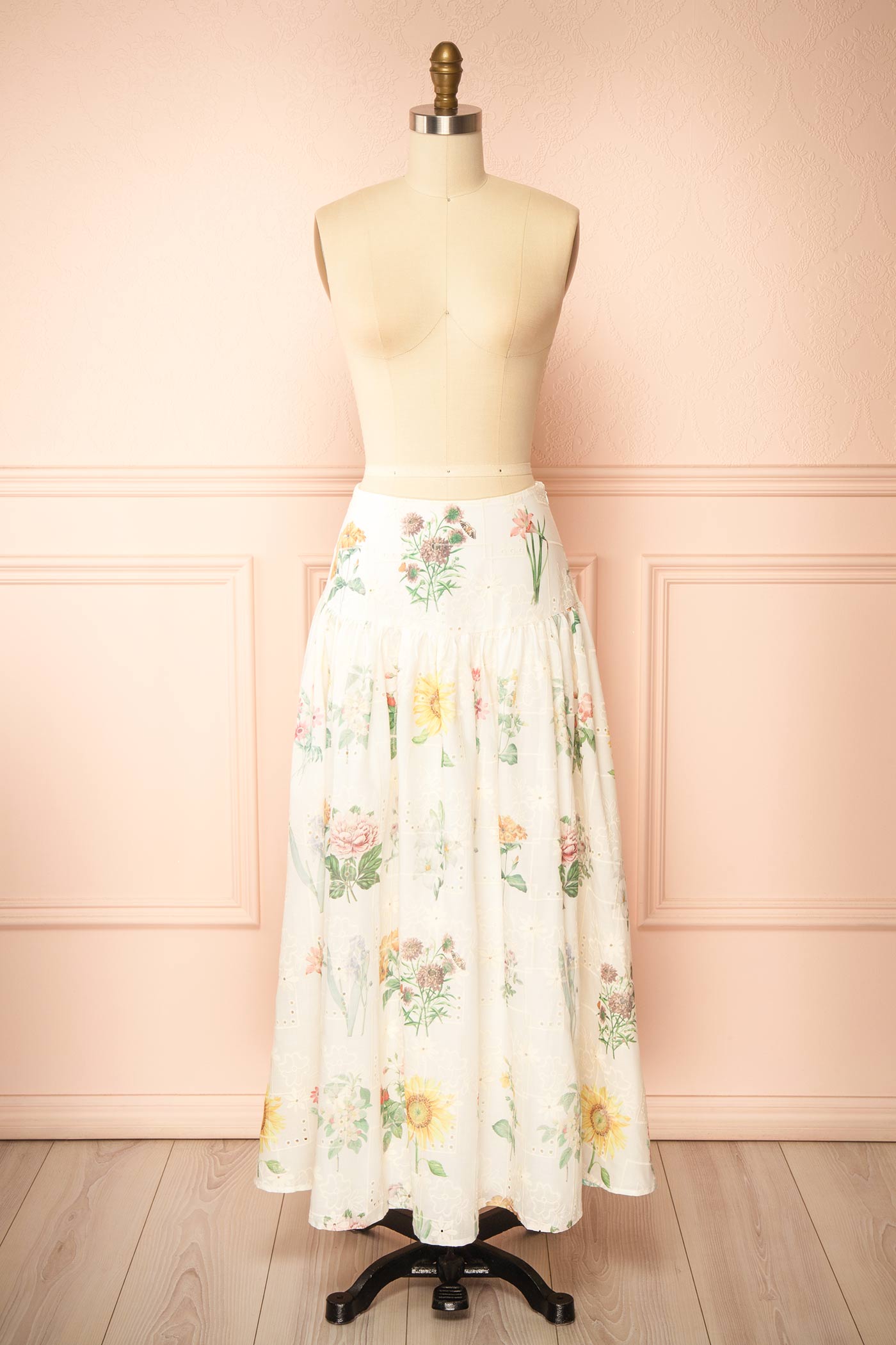 Front view of Hansi Floral Eyelet Drop-Waist Ivory Maxi Skirt at la boutique 1861