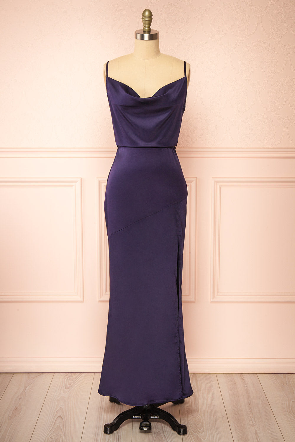 Hanya Long Satin Navy Slip Dress w/ Adjustable Waist | Boutique 1861 front view