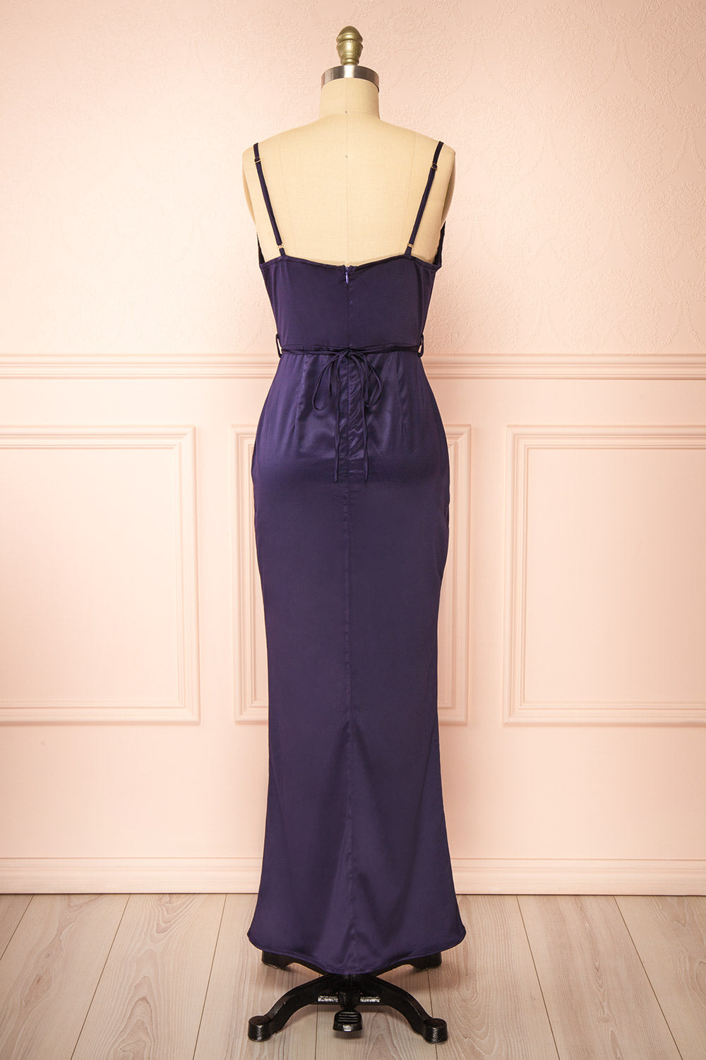 Hanya Long Satin Navy Slip Dress w/ Adjustable Waist | Boutique 1861 back view