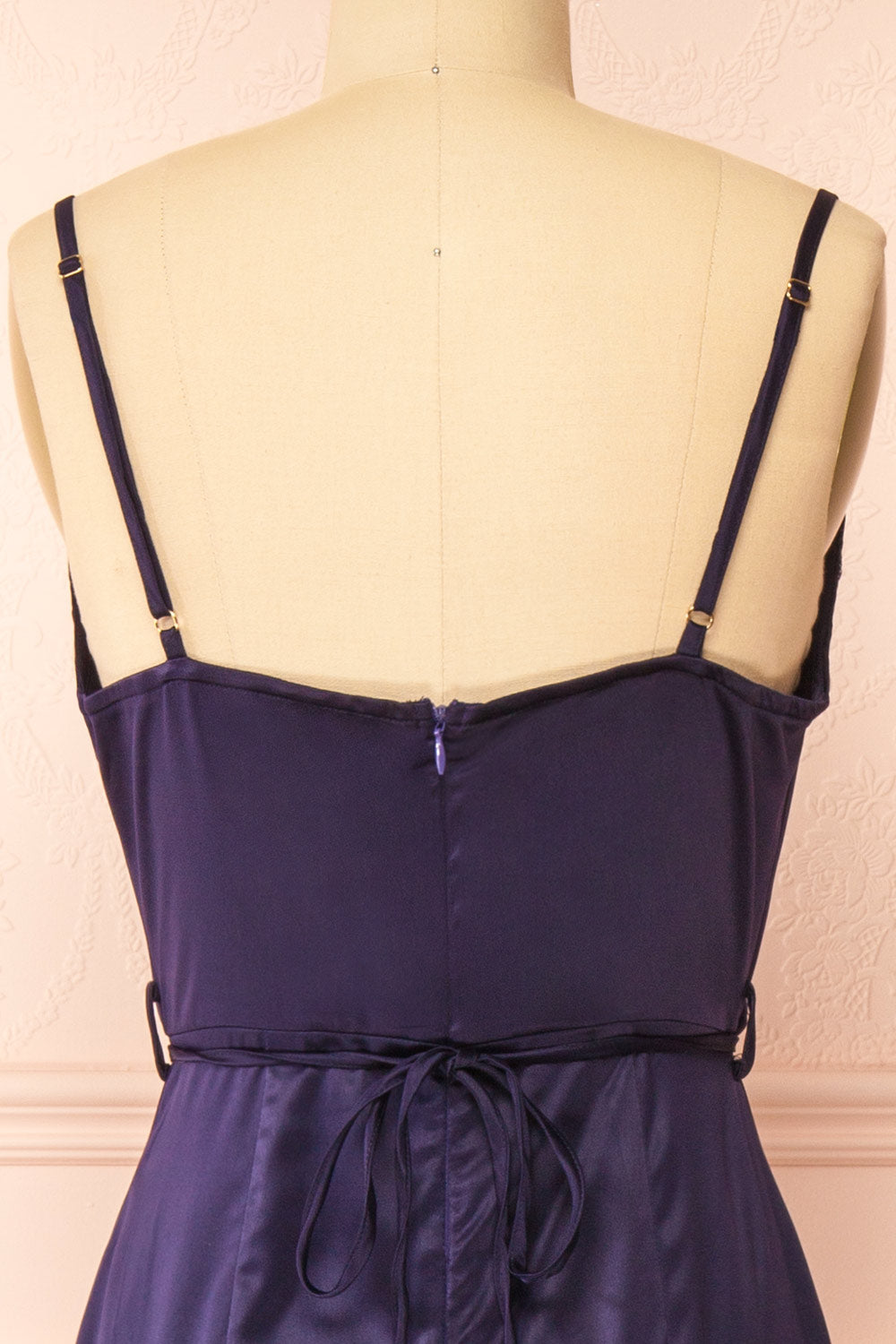 Hanya Long Satin Navy Slip Dress w/ Adjustable Waist | Boutique 1861 back