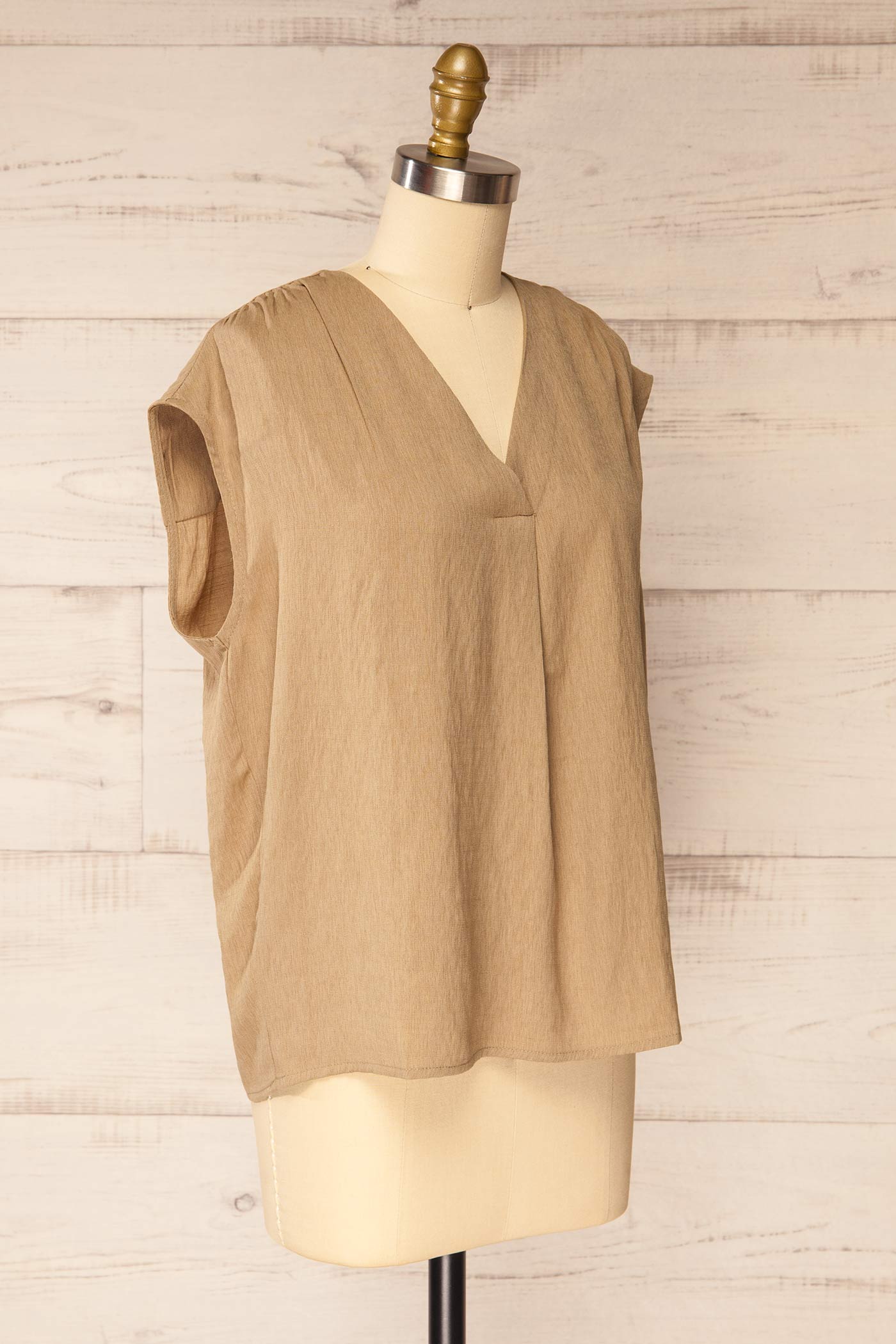 Sideview Haora Brown V-Neck Pleated Top at la petite garçonne