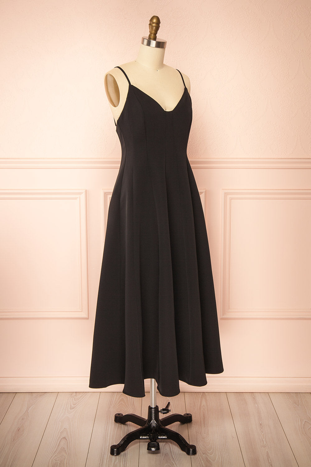 Hariette Black A-Line Midi Dress with V-Neck | Boutique 1861 side view