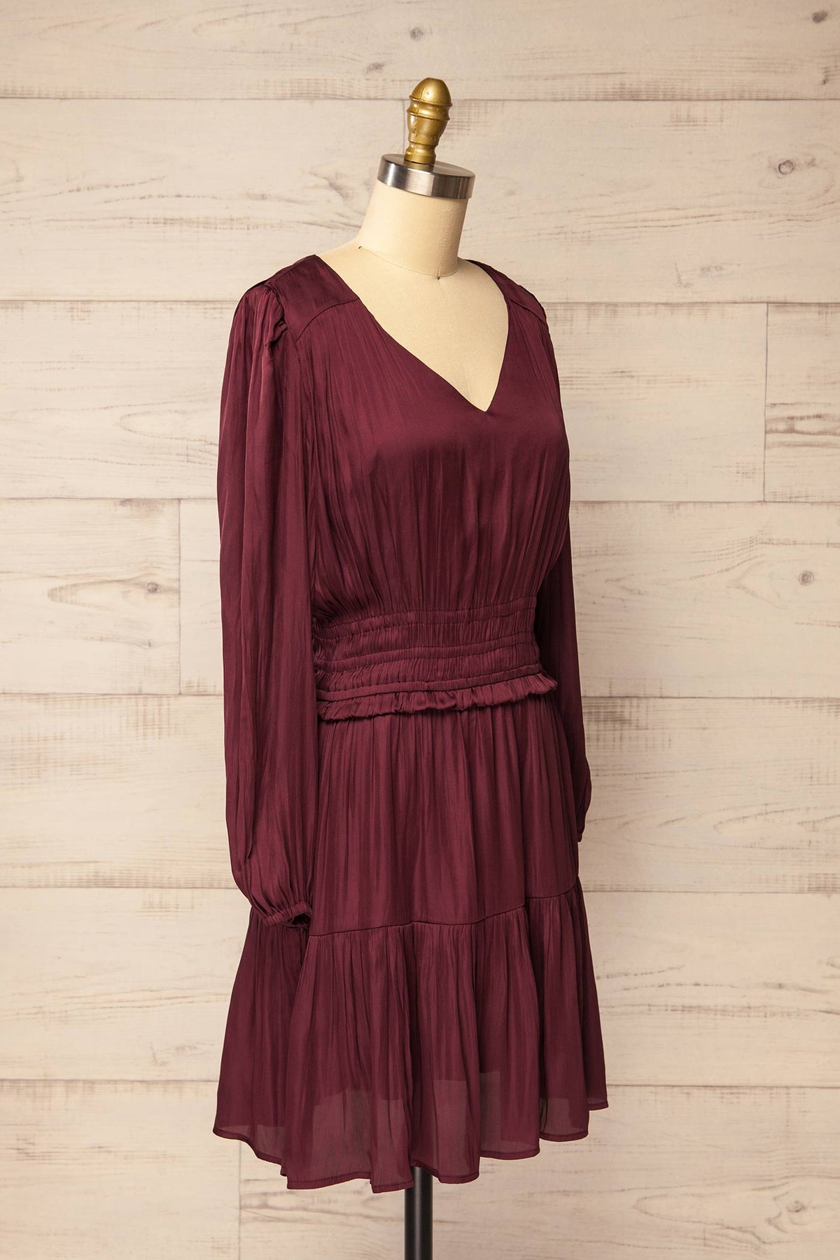 side view of Harrisburg Burgundy Long Sleeve Satin Smocked Mini Dress at La petite garçonne