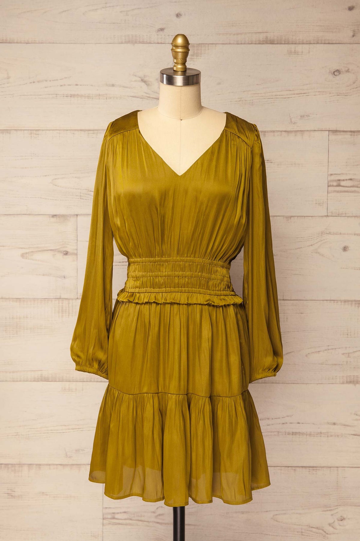 front view of Harrisburg Chartreuse Long Sleeve Satin Smocked Mini Dress at La petite garçonne