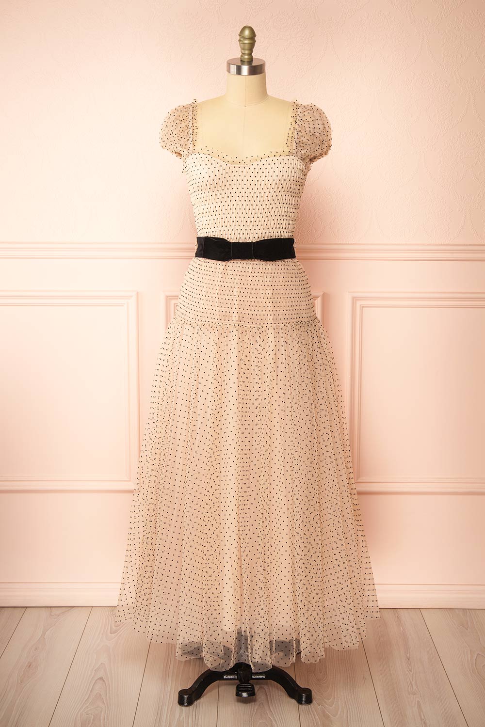 Haseul Long Ruched Polka Dots Dress w/ Belt | Boutique 1861  front view