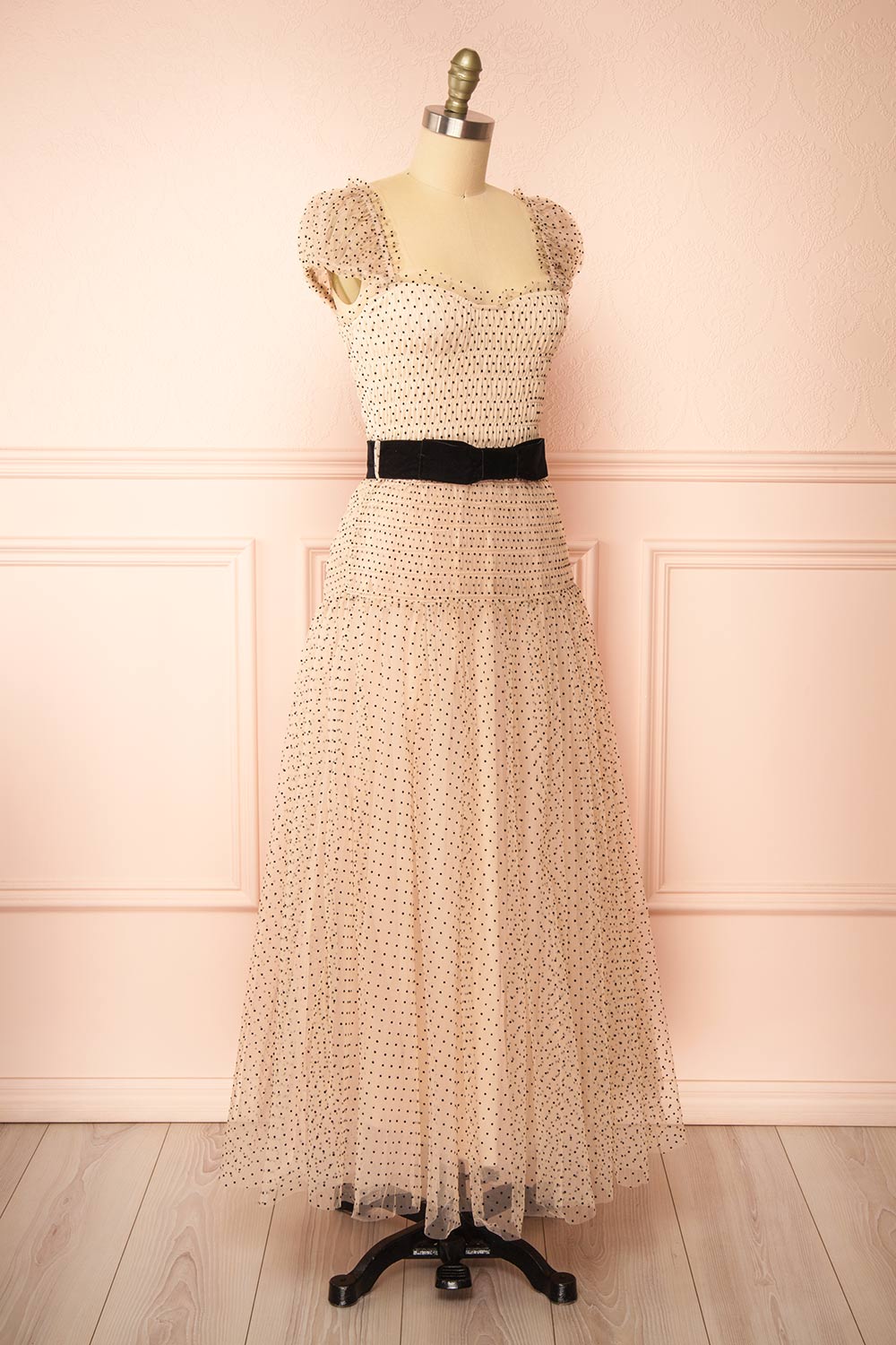 Haseul Long Ruched Polka Dots Dress w/ Belt | Boutique 1861  side view