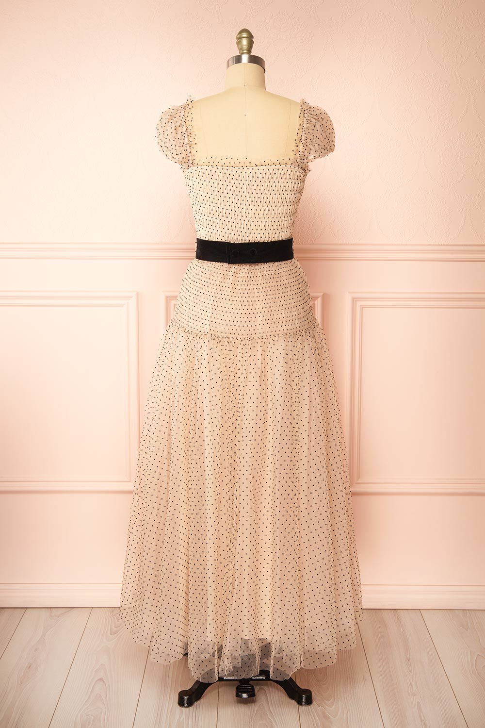 Haseul Long Ruched Polka Dots Dress w/ Belt | Boutique 1861  back view