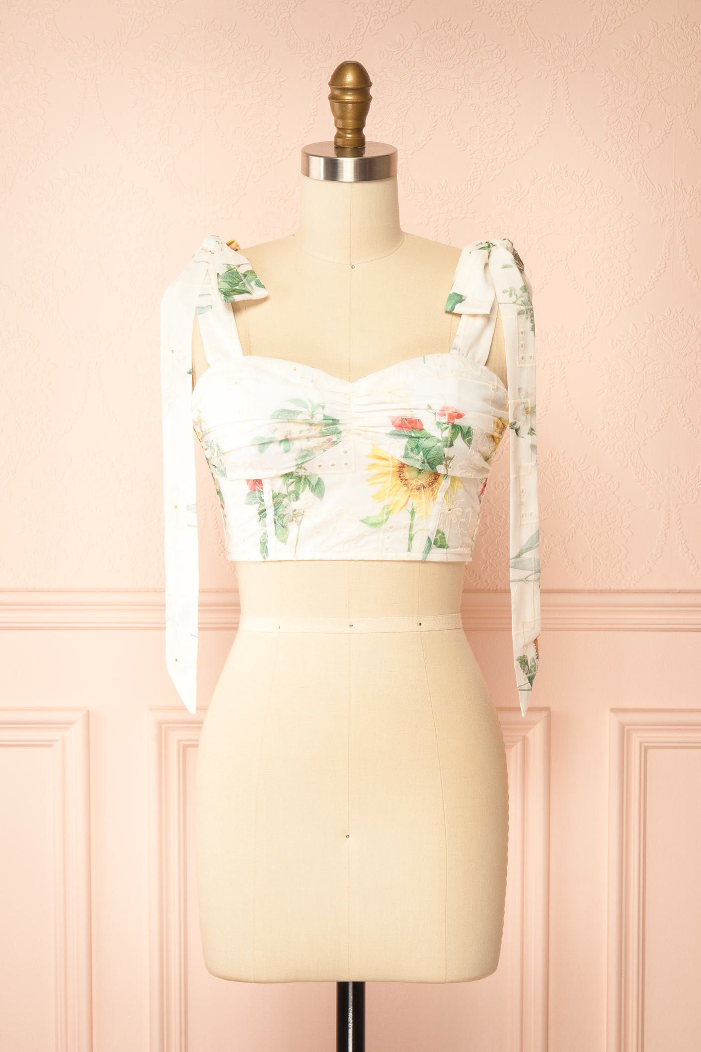 Front view of Hassan Embroidered Eyelet Floral Lace up Back White Crop Top at la boutique 1861