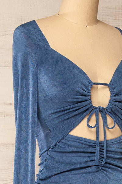 Havana Blue Midi Dress w/ Front Cut-Out | La petite garçonne side close-up