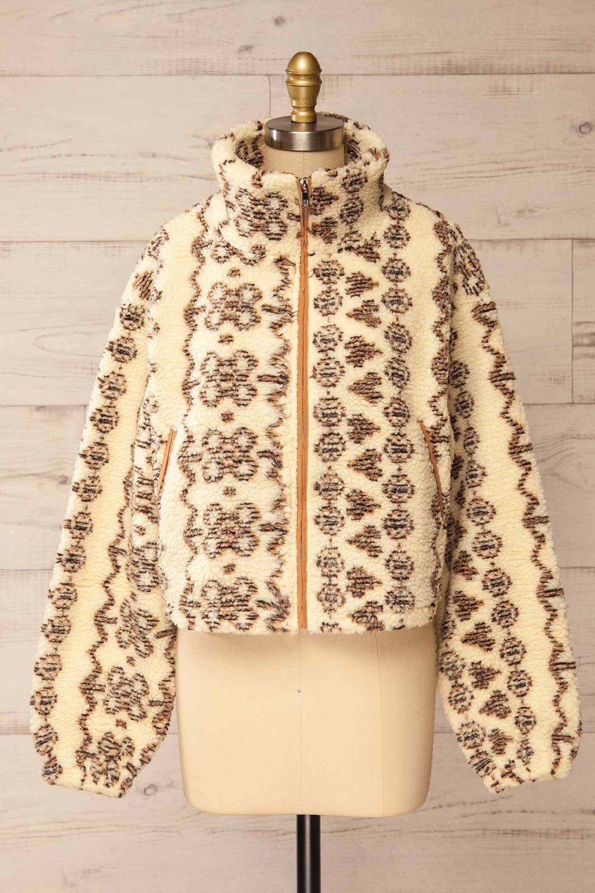 front view of Hayes Beige Sherpa Jacket with Geometric Print at La petite garçonne