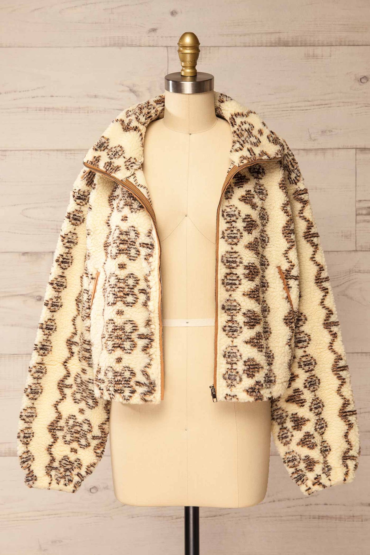 open view of Hayes Beige Sherpa Jacket with Geometric Print at La petite garçonne