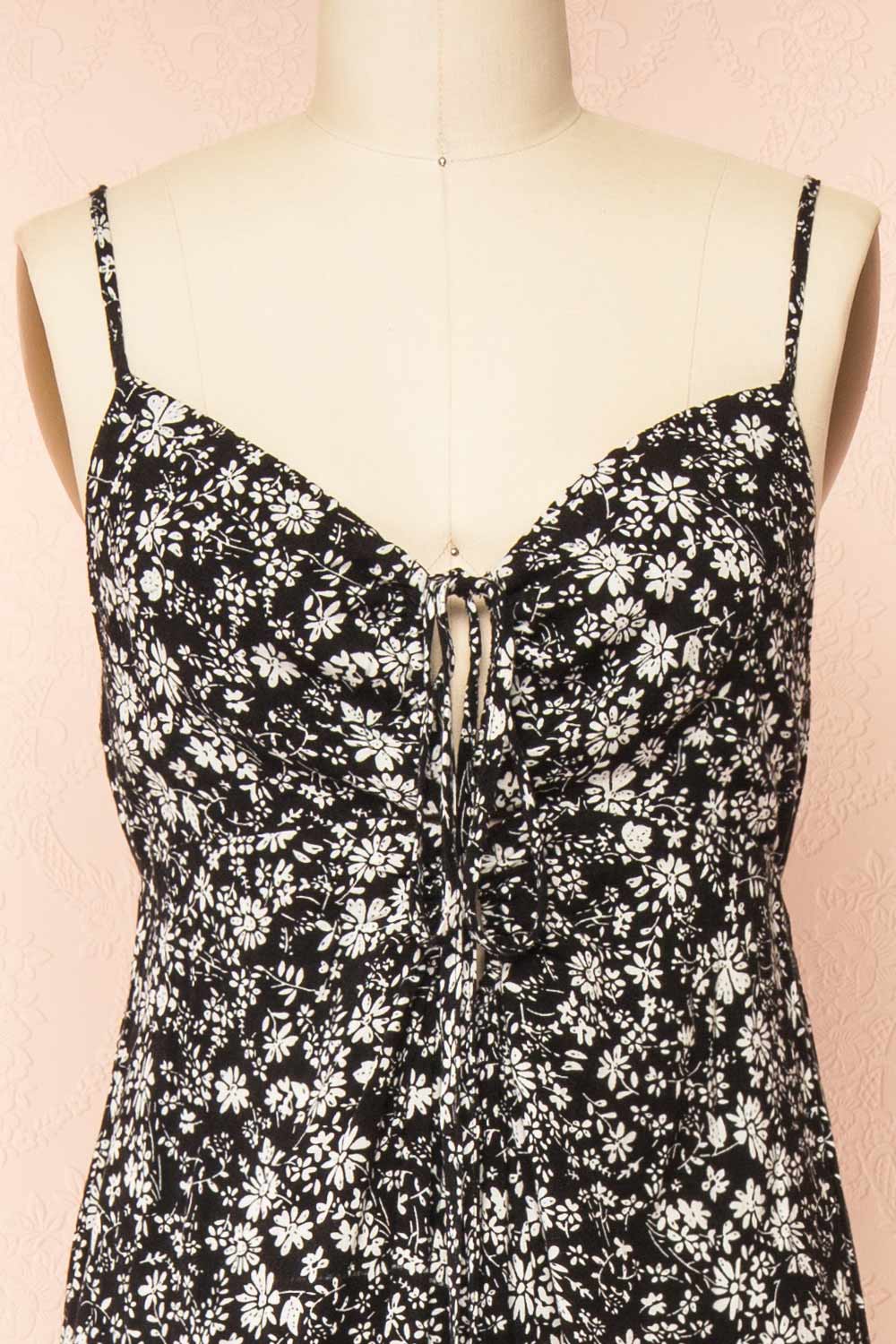 Hecate Black Jumpsuit w/ White Floral Motif | Boutique 1861 front