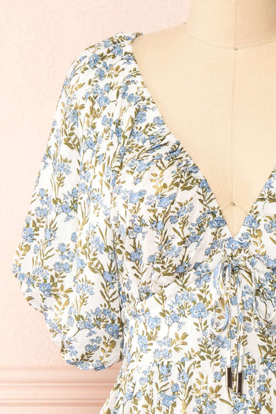 Heina Short Blue Floral Dress w/ Puffy Sleeves | Boutique 1861 front close-up