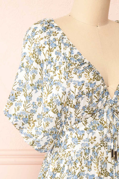 Heina Short Blue Floral Dress w/ Puffy Sleeves | Boutique 1861 side close-up