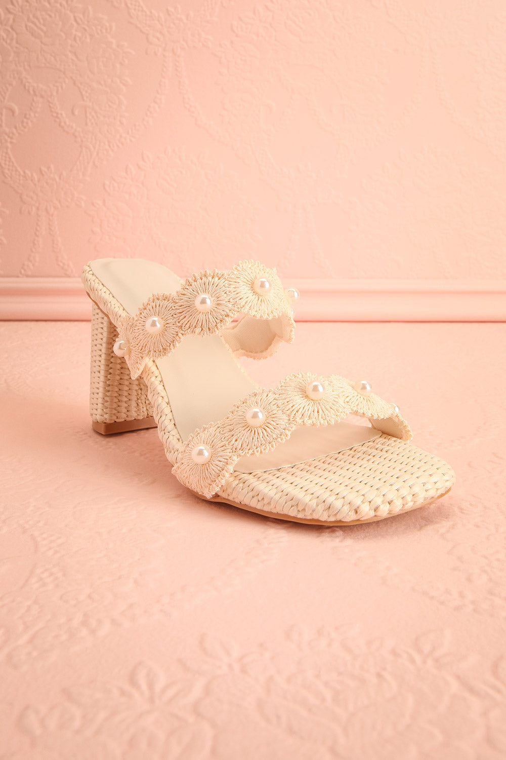 Helenna | Heeled Sandals with Floral Straps and Pearls