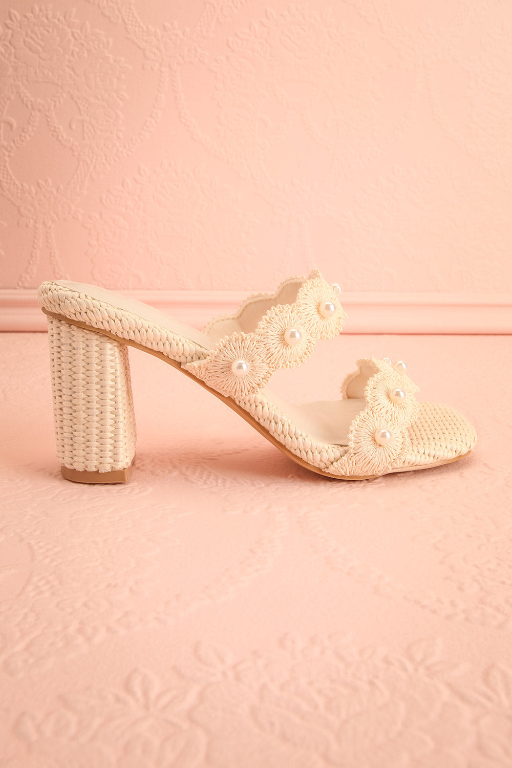 Helenna | Heeled Sandals with Floral Straps and Pearls