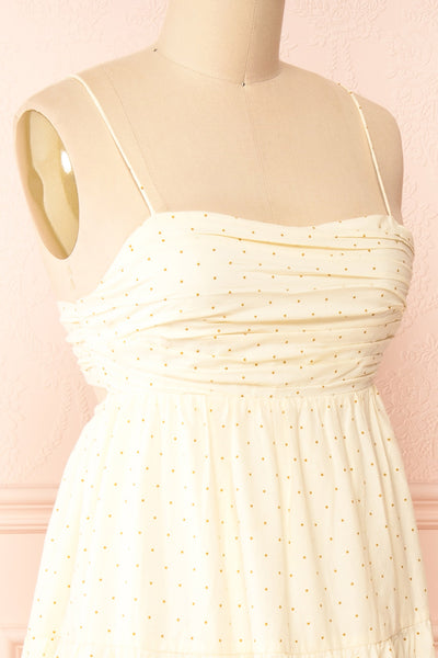 Hella Tiered Beige Midi Dress w/ Polka Dots | Boutique 1861 side close-up