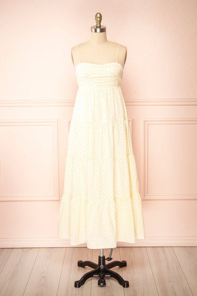 Hella Tiered Beige Midi Dress w/ Polka Dots | Boutique 1861 front view