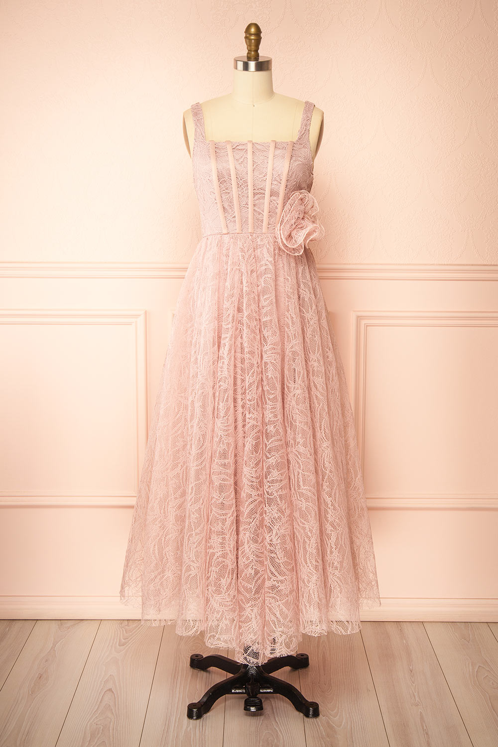 Hellis Pink Midi Dress with 3D Flower | Boutique 1861 front view