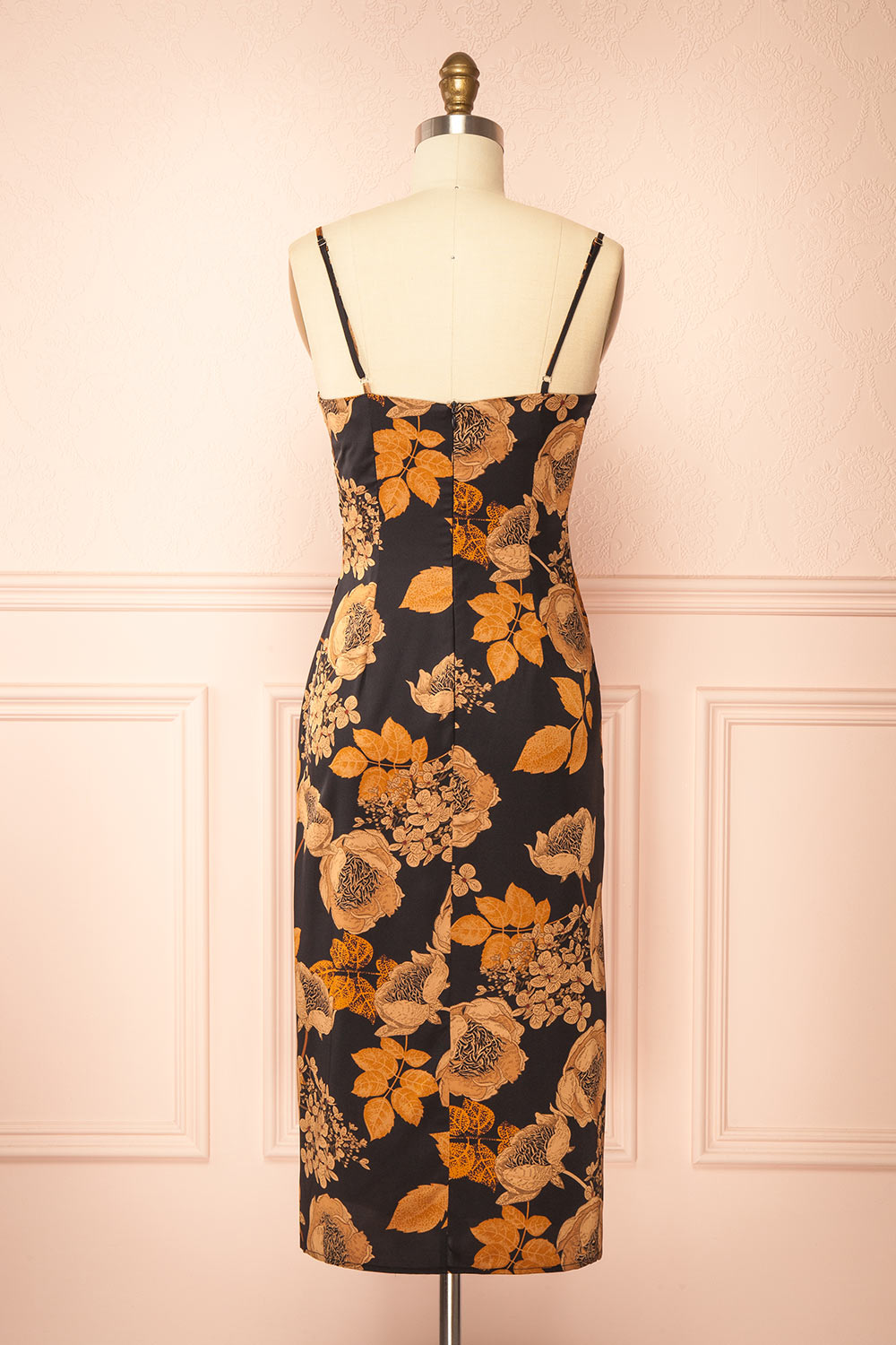 back view of sewing mannequin wearing Hinaya Black Floral Cowl Neck Satin Midi Slip Dress from Boutique 1861