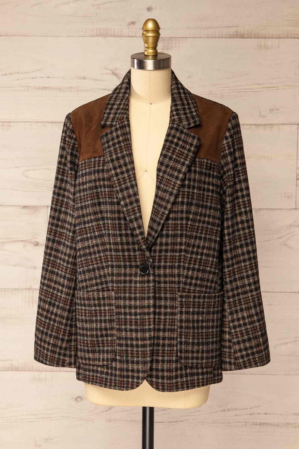 front view of Hocquart Brown Plaid Blazer with Shoulder Patches at La petite garçonne