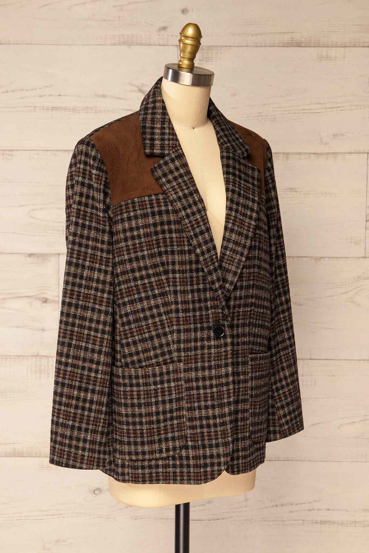 side view of Hocquart Brown Plaid Blazer with Shoulder Patches at La petite garçonne