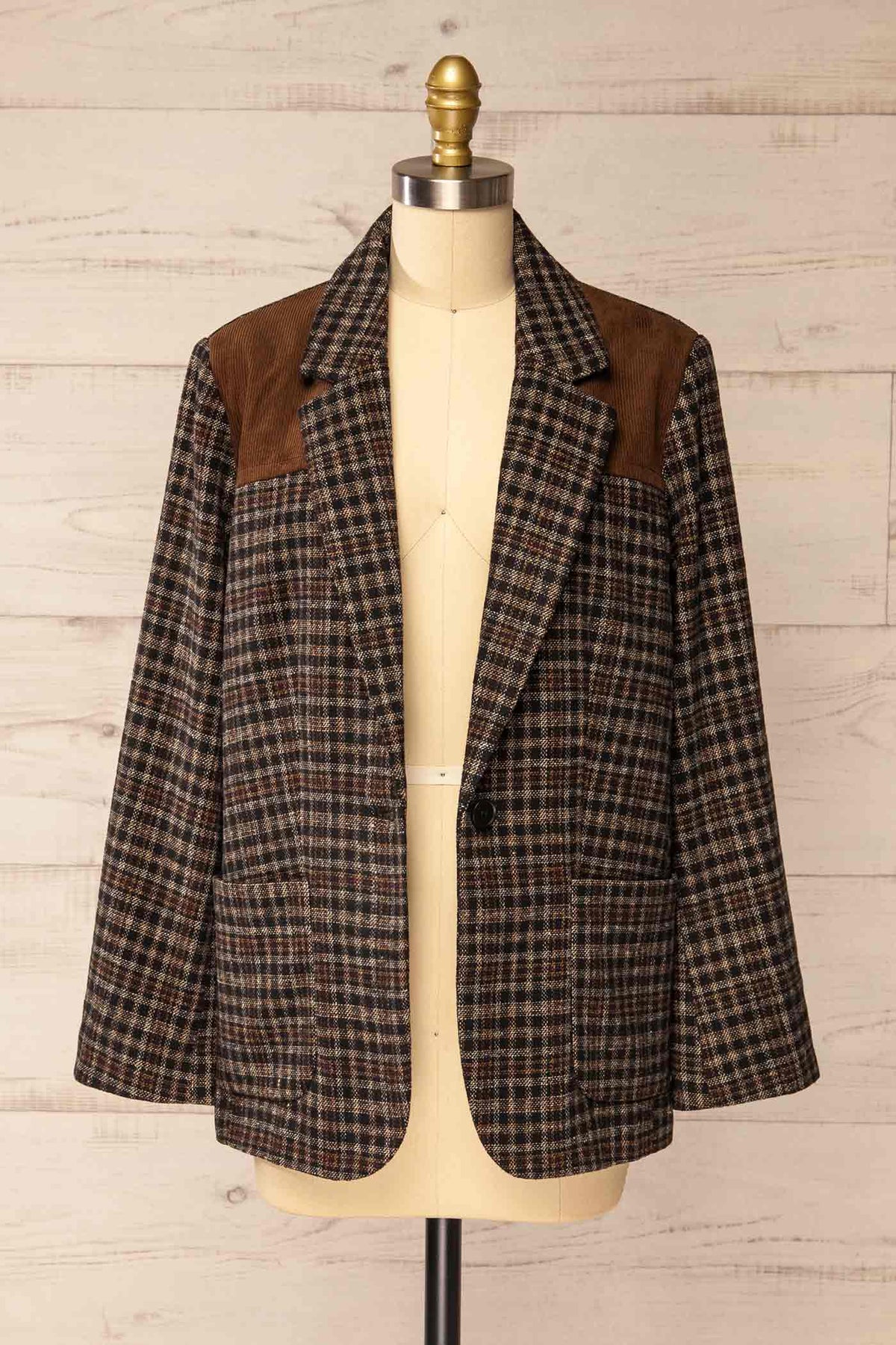 front view of Hocquart Brown Plaid Blazer with Shoulder Patches open at La petite garçonne