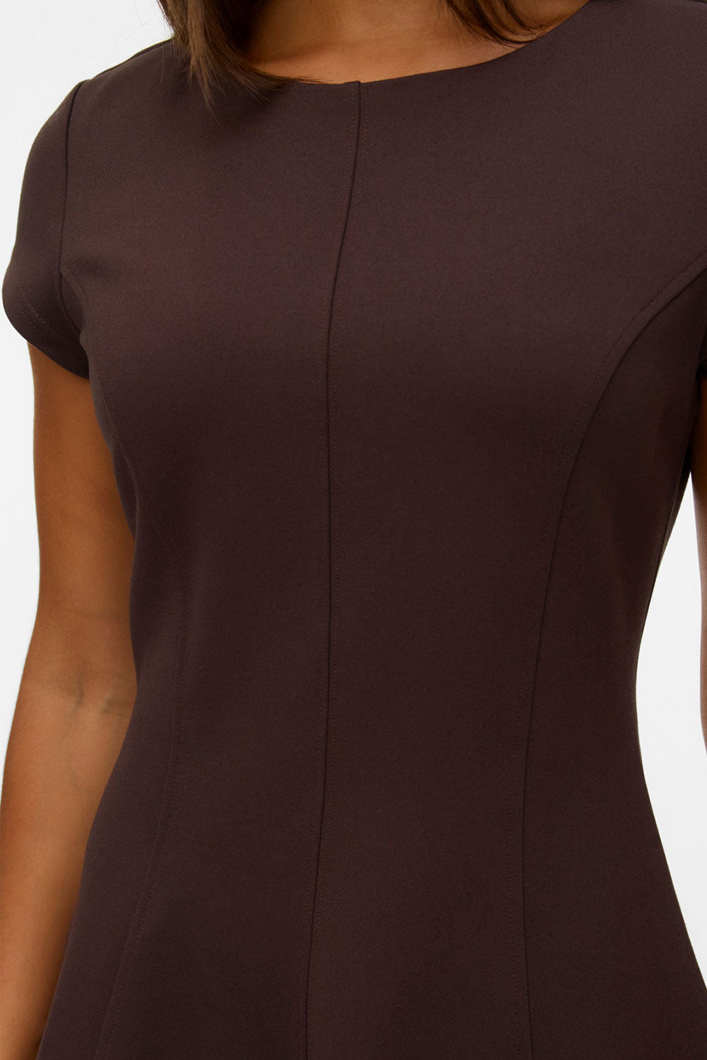 person wearing Holon Brown Short A-Line Dress | La petite garçonne close up