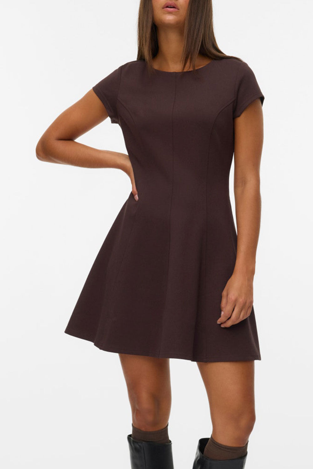person wearing Holon Brown Short A-Line Dress | La petite garçonne front view
