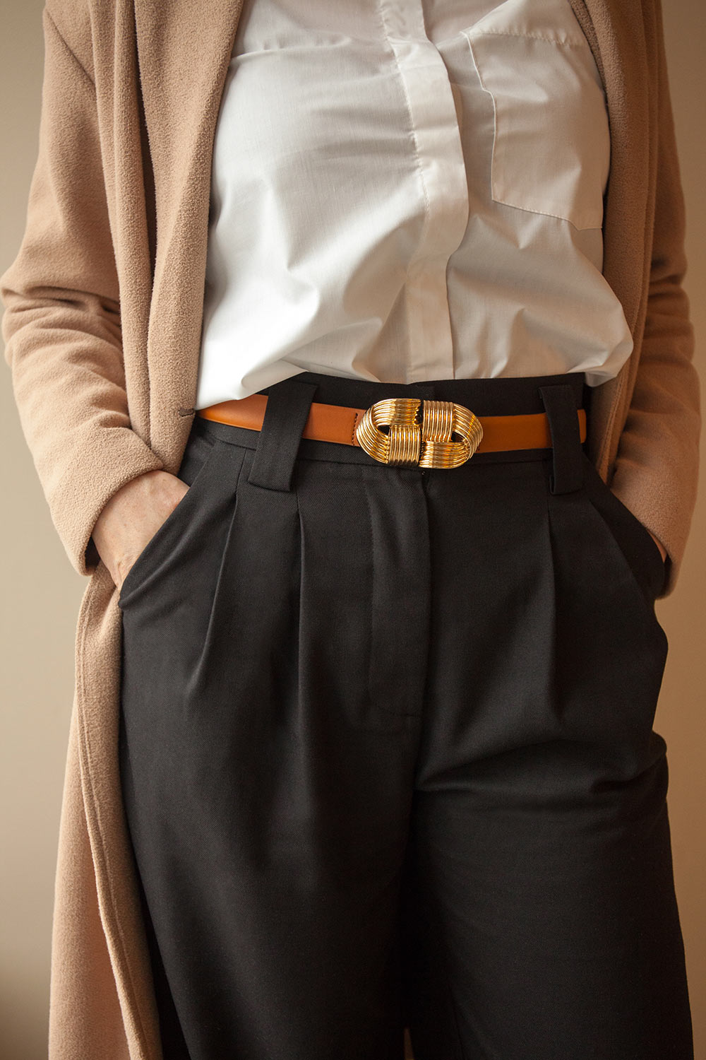 Homard Black Faux Leather Belt w/ Gold Buckle | La petite garçonne model