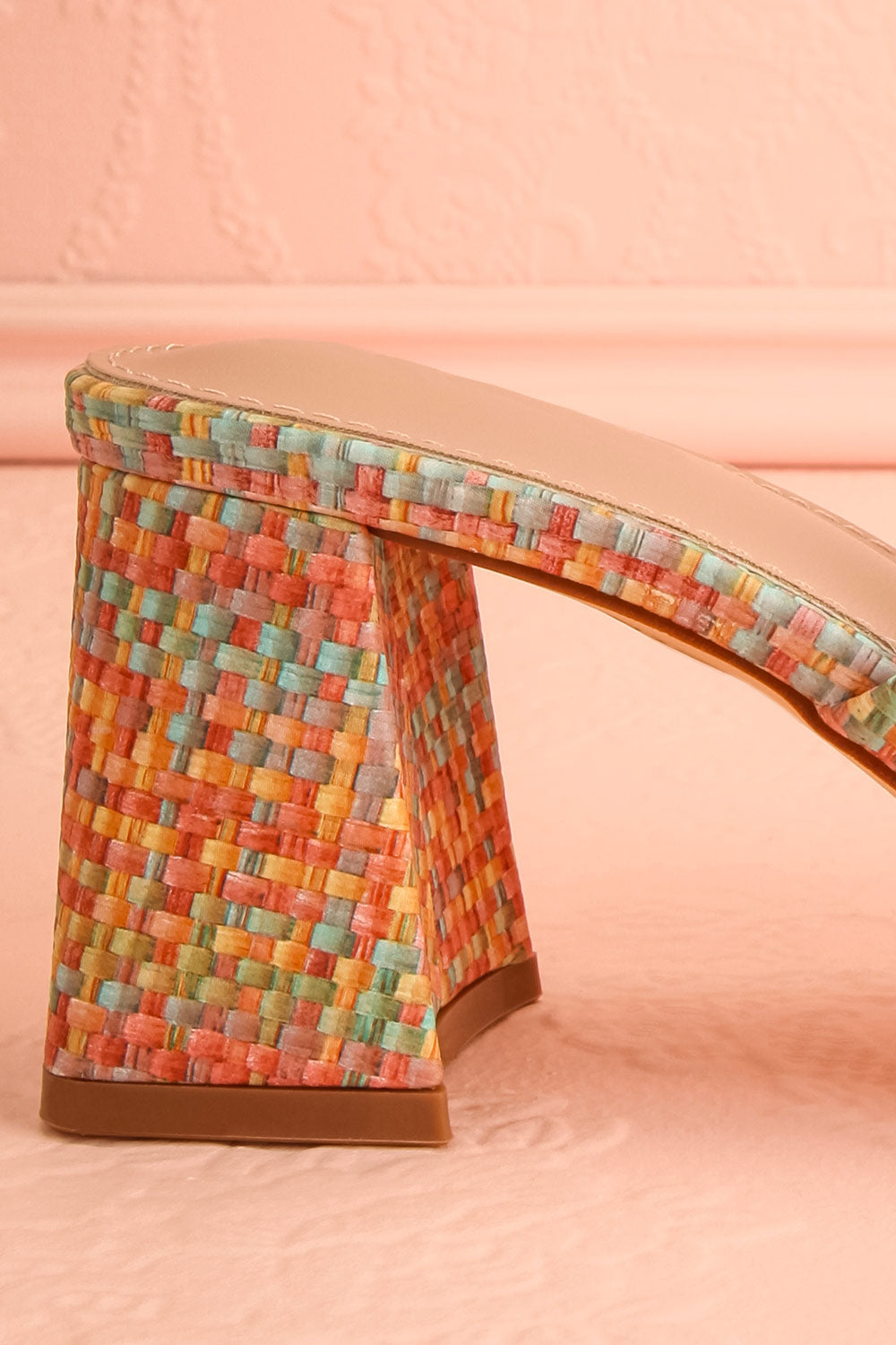 Honoria Multi-Colored Block Heel Mules with Woven Pattern | La petite garçonne side heel