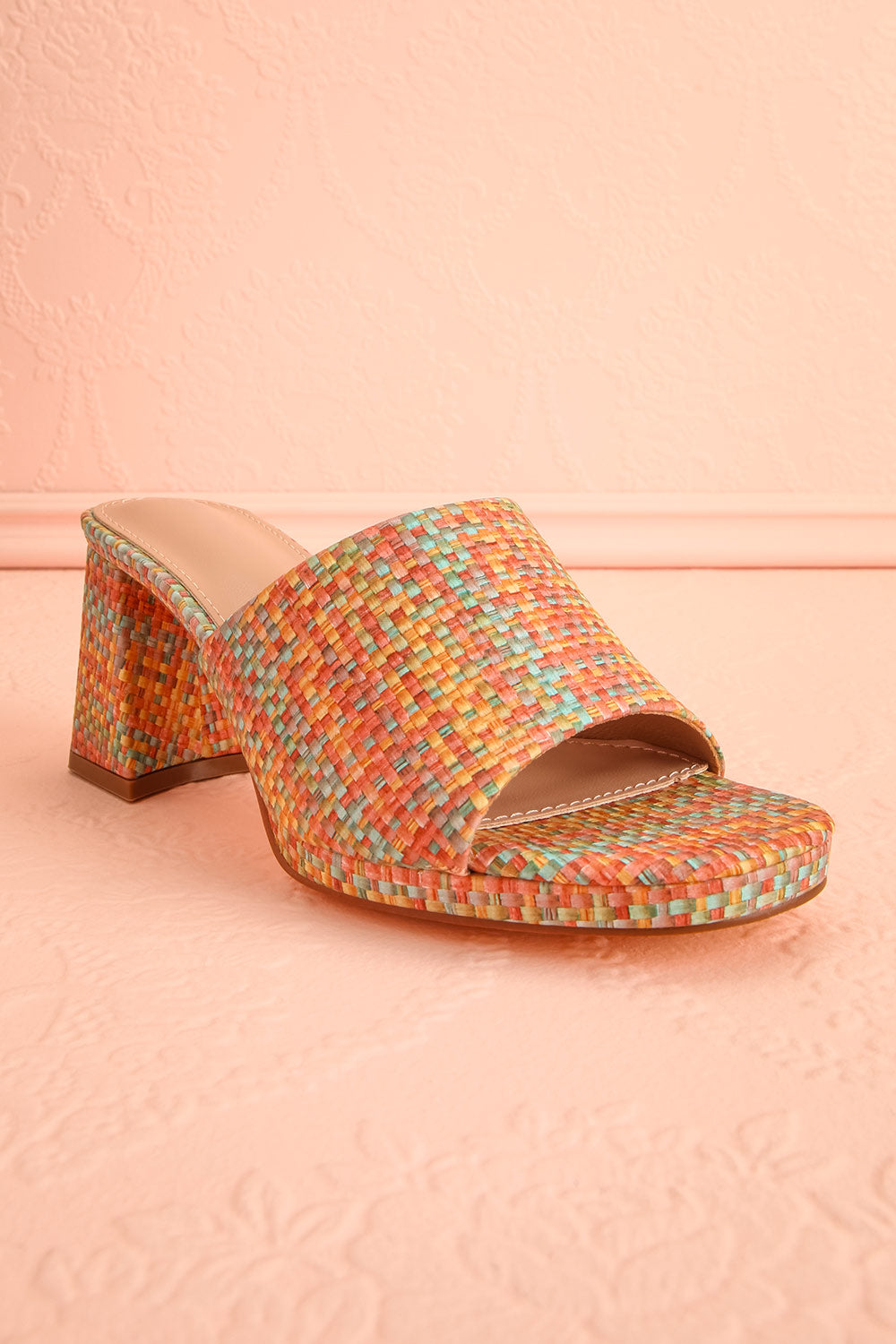 Honoria Multi-Colored Block Heel Mules with Woven Pattern | La petite garçonne front 