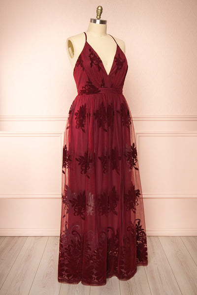 Hyade Burgundy Plus Size V-Neck Floral Maxi Dress | Boutique 1861 side view